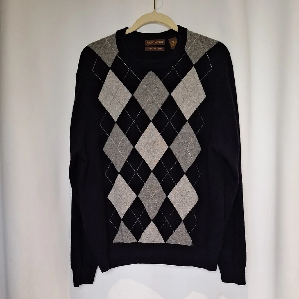 Paolo Mondo 100% Cashmere Black and Gray Argyle Crewneck Preppy Sweater Size XL